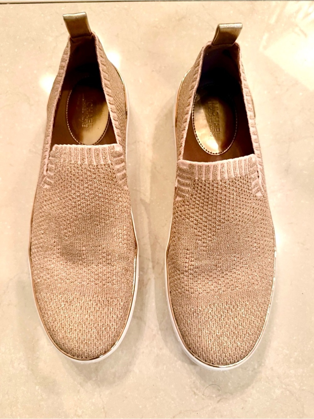 Michael Kors Skyler Rose Gold Metallic Knit Slip-On Sneakers Size 8.5